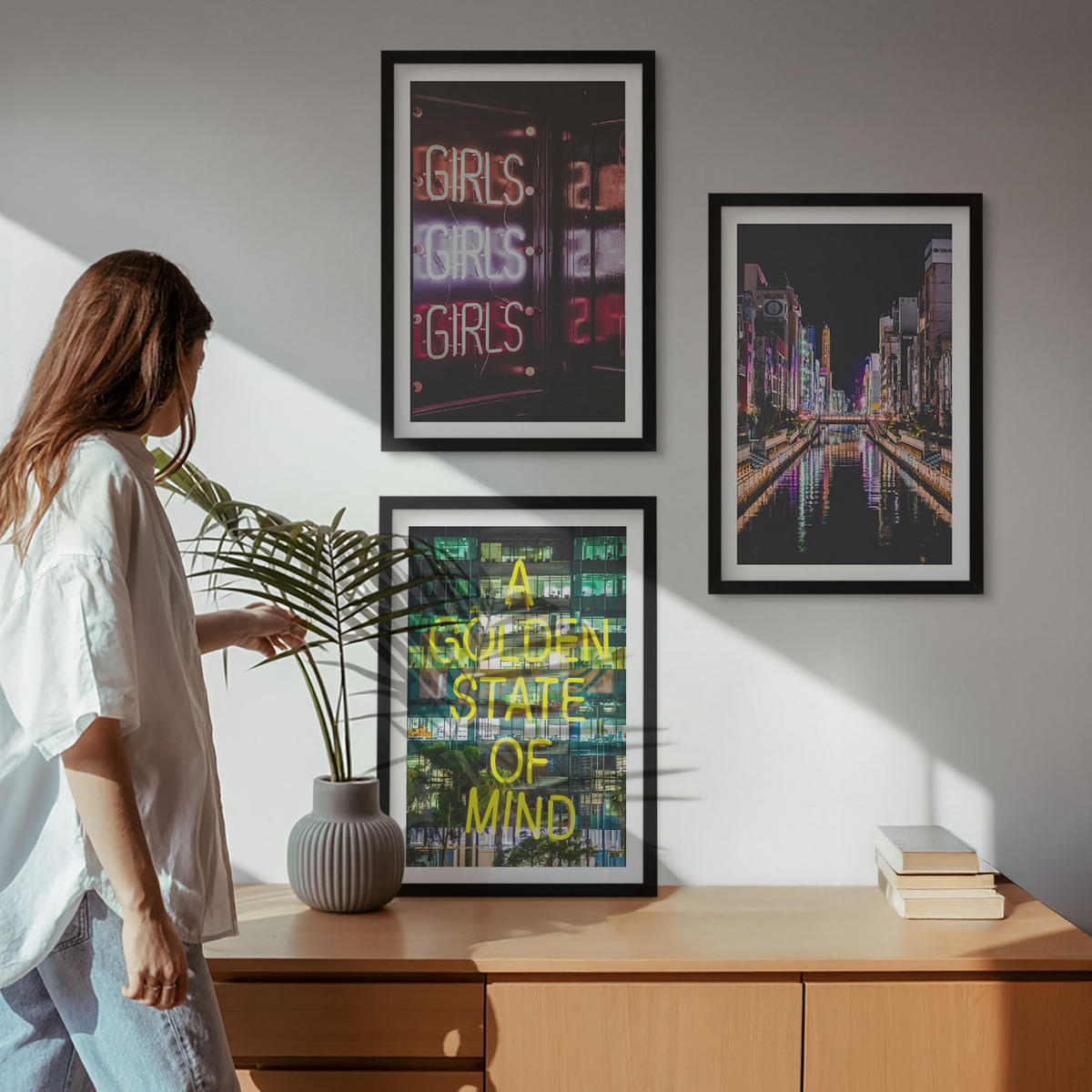 WANDBILDER 3er-Set - 40x60 cm Schwarzer Rahmen - Neonlichter am Fluss bei Nacht - Schwarz, Kunststoff (40/60cm) - ArtPrintCave