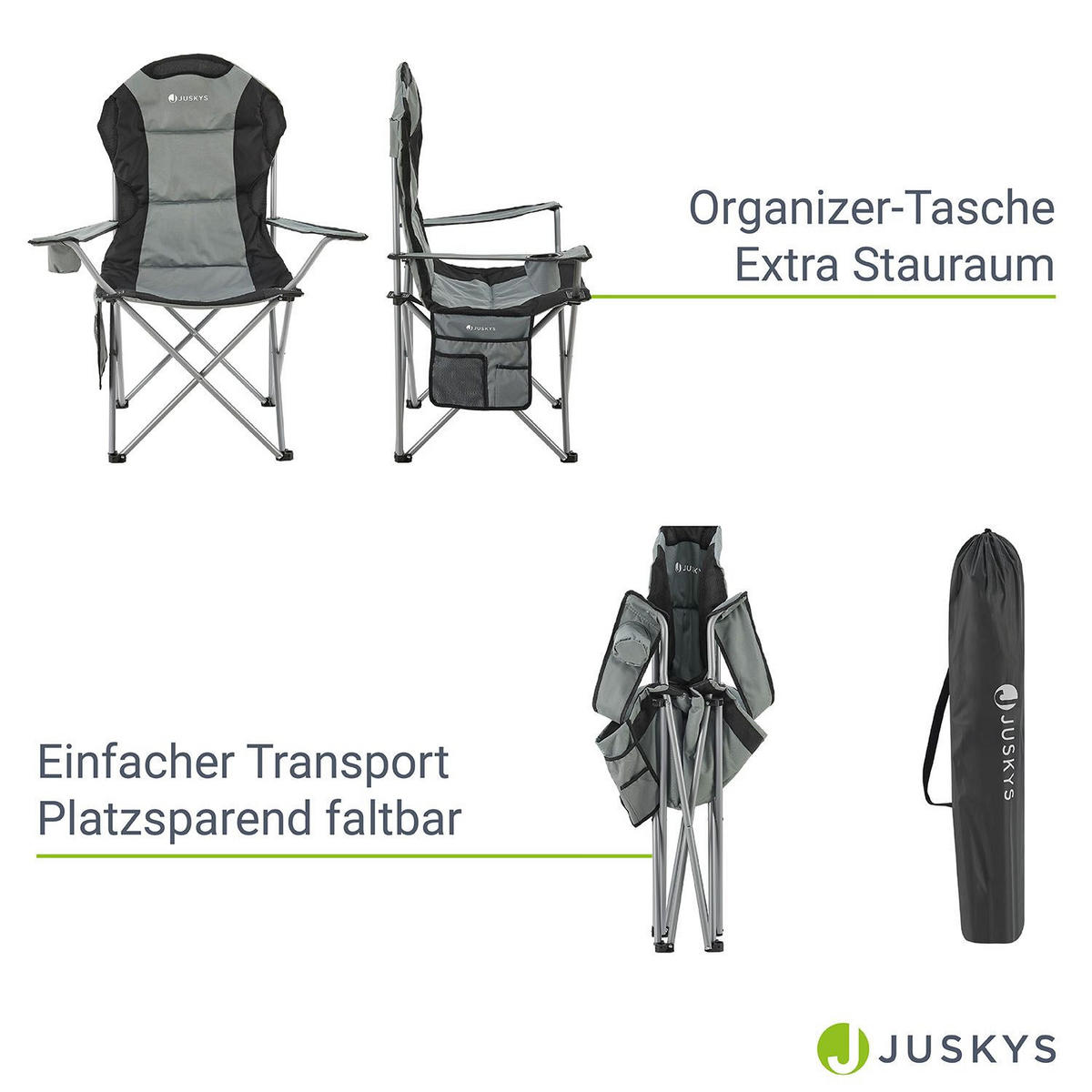CAMPINGSTUHL Lido grau mit Flaschenhalterung & Tragetasche - Grau, Textil (62/102/62cm) - Juskys