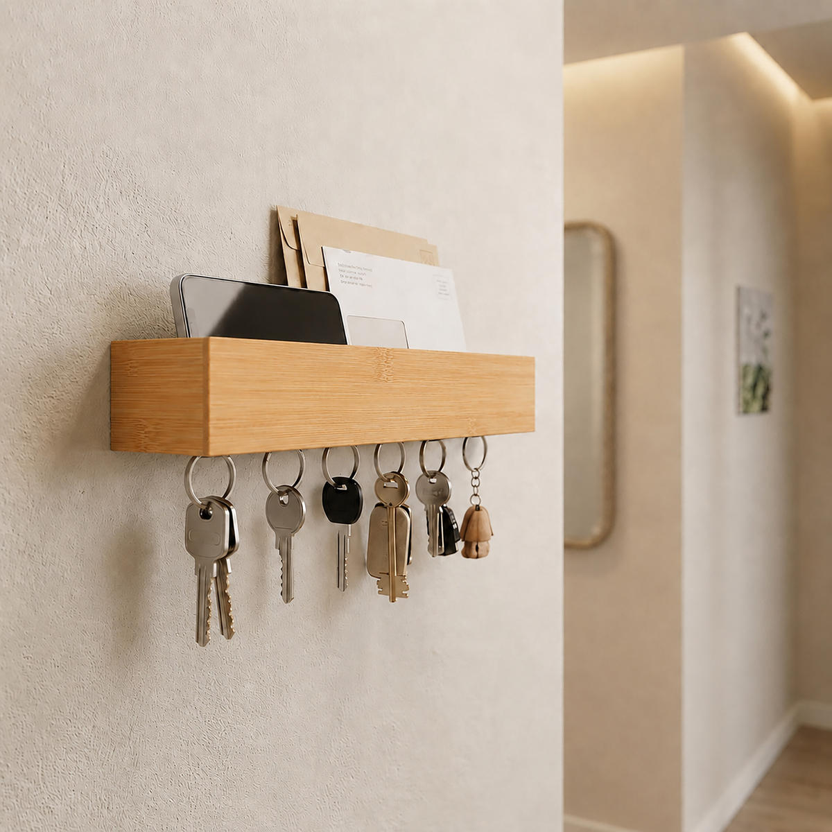 SUPORT pentru chei natural bambus 6 cârlige - maro deschis, lemn/metal (26/5/7cm) - Relaxdays