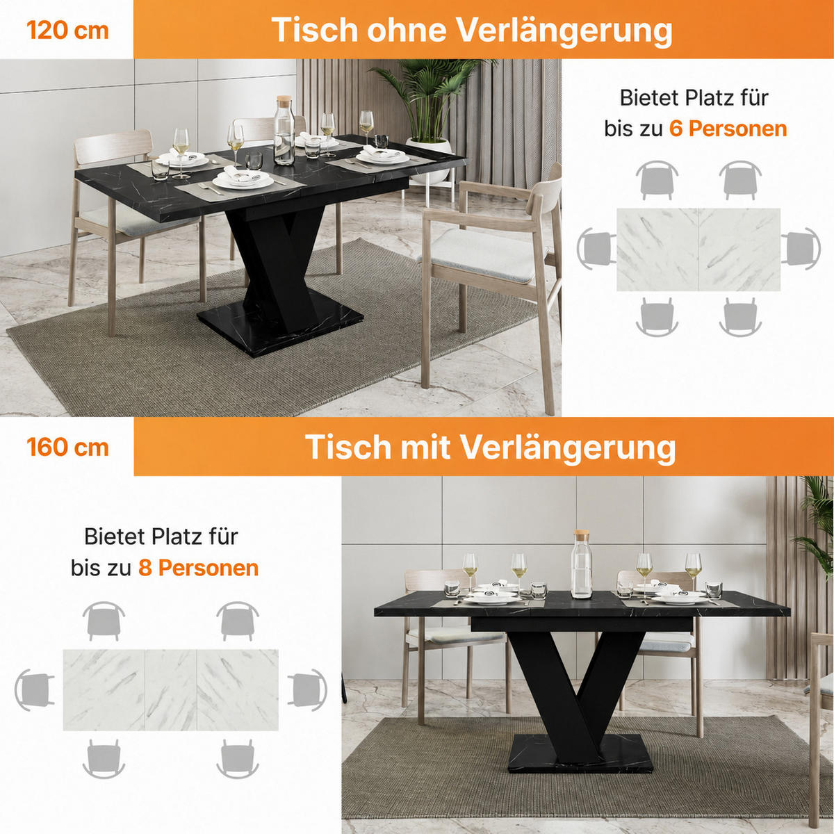 ESSTISCH Ausziehbar 120-160 cm Schwarz Marmor-Optik - Schwarz, Holzwerkstoff (160/80/75cm) - Home Collective