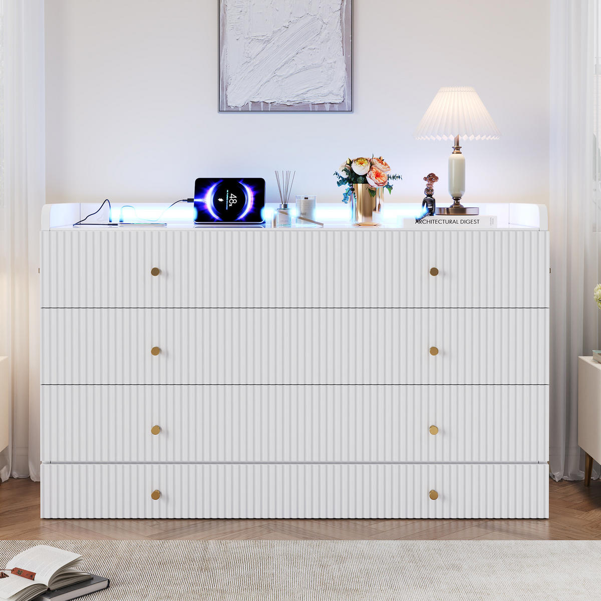 BETT 140x200 cm Schubladen LED USB weiß - Weiß, Holzwerkstoff (140/200cm) - LEBENLANG