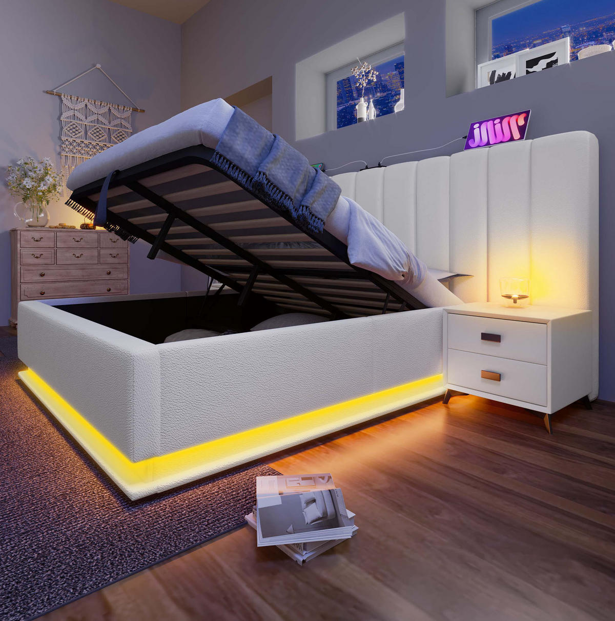 POLSTERBETT mit Bettkasten 180/200 cm in Weiß mit LED-Beleuchtung und USB-C - Weiß, Kunststoff (180/200cm) - BEAOK
