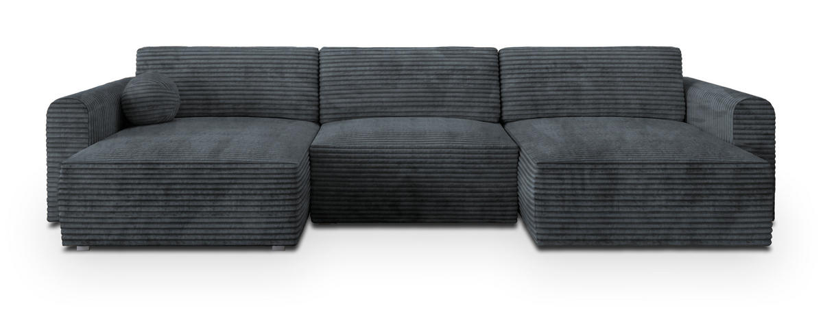 WOHNLANDSCHAFT FENTO Grau Kordstoff mit Schlaffunktion - Grau, Holz (347/90/148cm) - MASSENO