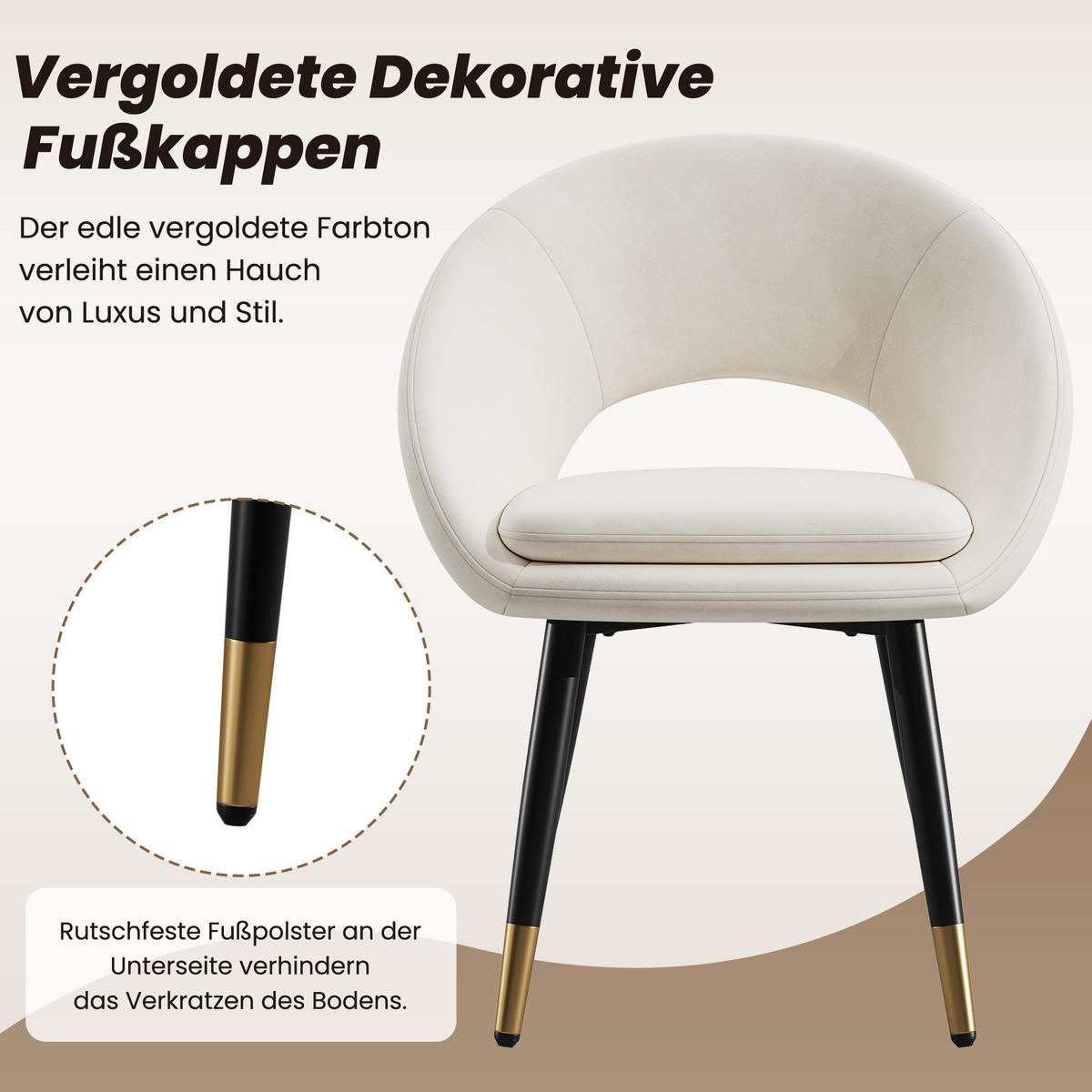 JÍDELNÍ ŽIDLE ergonomické (sada 2 ks), sametové čalounění, kovové nohy - béžová, textil (59/77.5/59cm) - Urban Meuble