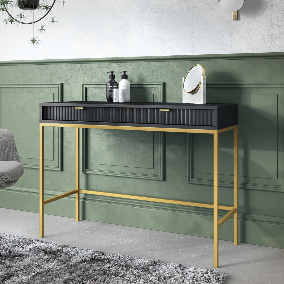 SCHMINKTISCH Kioto in Schwarz mit Metallbeinen - Goldfarben/Schwarz, Holzwerkstoff/Metall (50/104/77cm) - Ravio