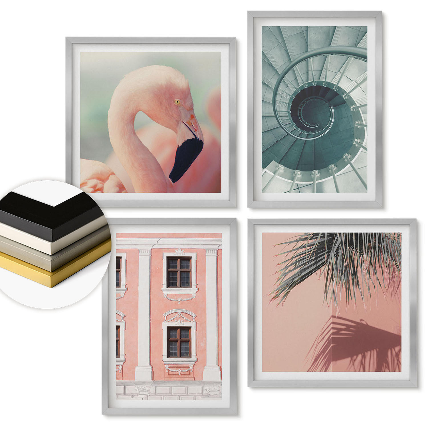 WANDBILDER 4er Set - 50x50 cm & 40x60 cm Silberner Rahmen - Architektur-Pastellmuster - Silberfarben, Kunststoff (50/50cm) - ArtPrintCave