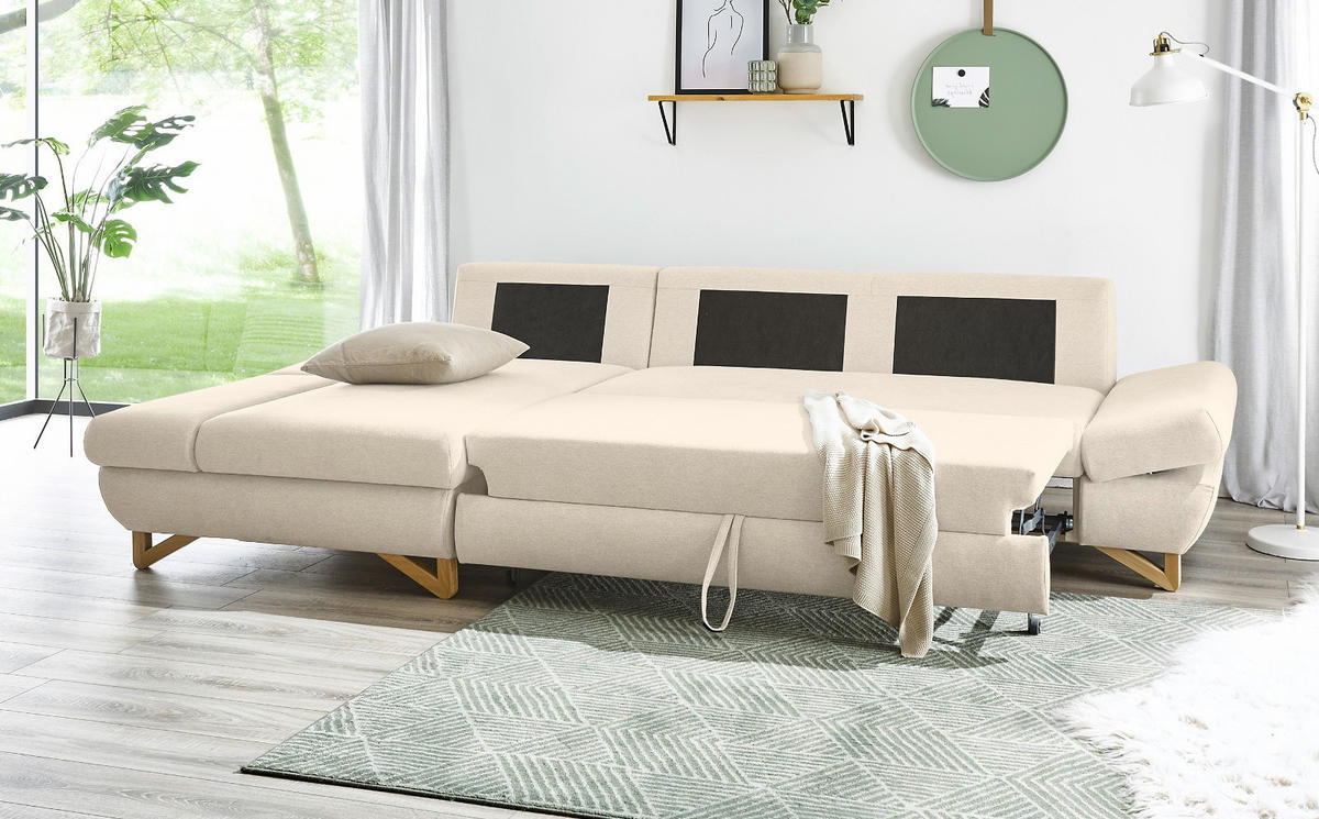 ECKSOFA creme Velours, Sofa mit Bettfunktion und Stauraum - Creme, Holz/Textil (166/284cm) - Furn.Design