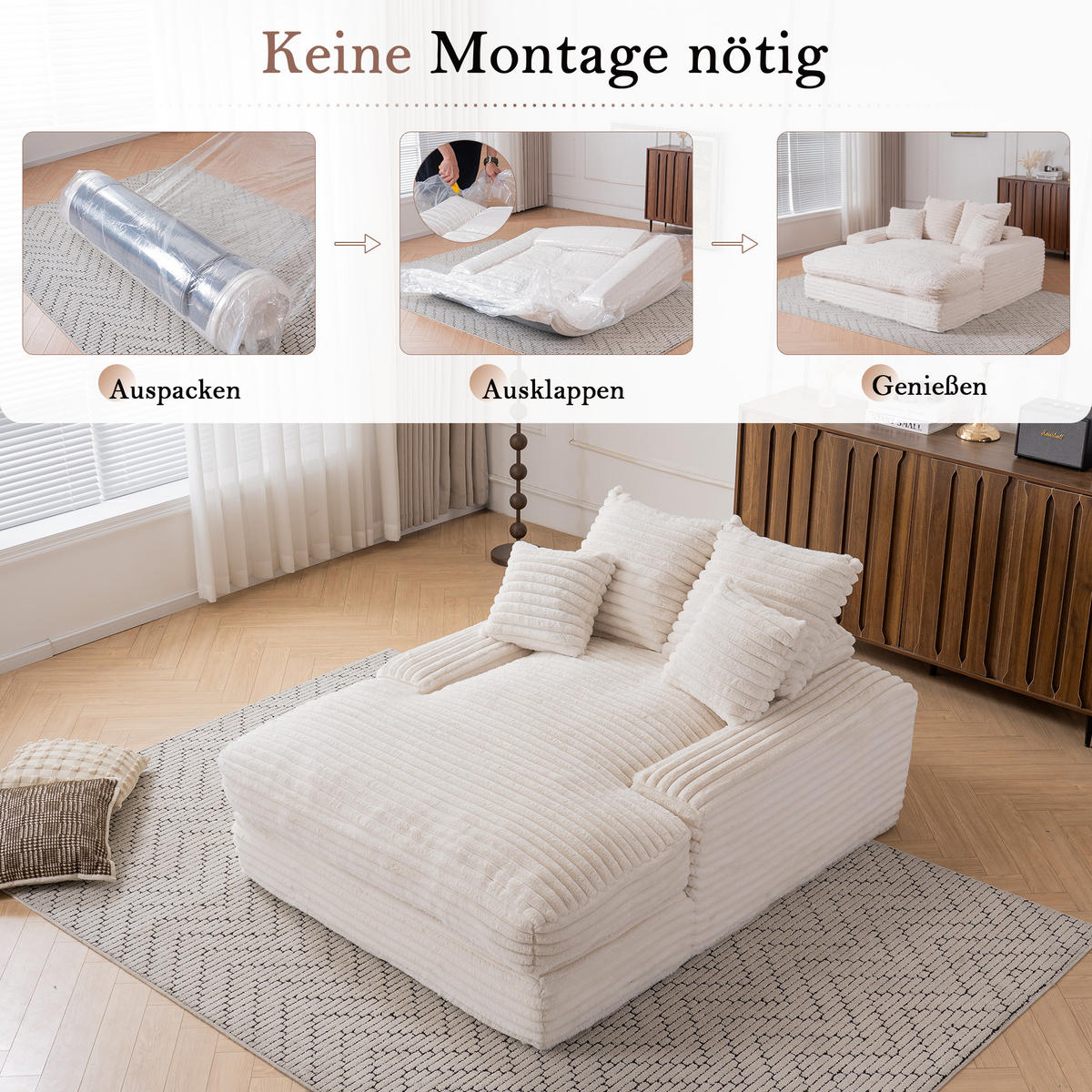 CHAISELONGUE Cordstoff mit Memory-Schaum und 4 Kissen 137/175/63 cm Beige - Beige, Textil (137/63/175cm) - Redom