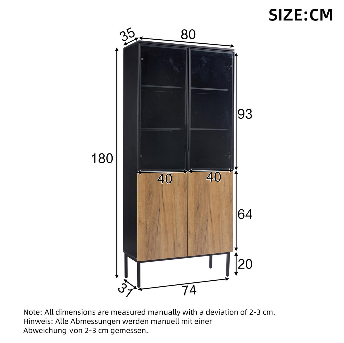 VITRINE mit LED-Beleuchtung 74 x 31 x 180 cm Schwarz/Eiche - Schwarz, Holzwerkstoff (31/180/74cm) - Beauniv