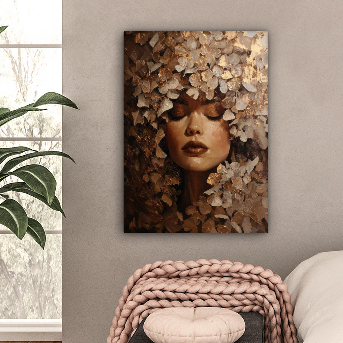 LEINWANDBILD Gesicht - Dame - Blätter - Pinselstriche Wandbild Wohnzimmer 60x80 cm - Goldfarben, Textil (60/80cm) - MuchoWow