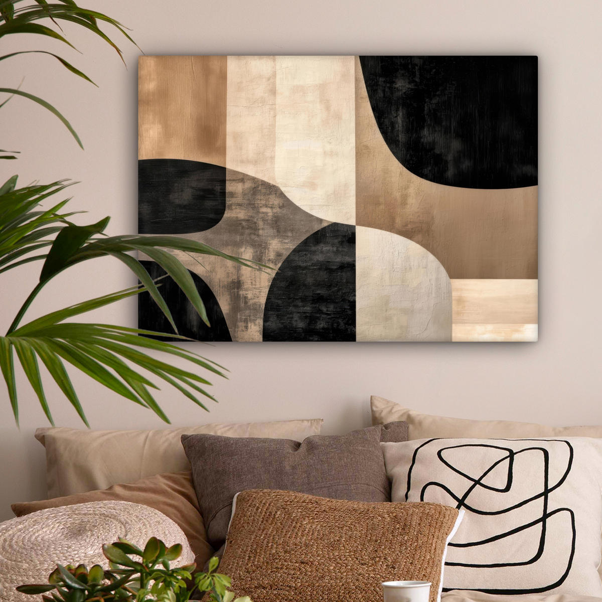 LEINWANDBILD Abstrakt - Flugzeuge - Schwarz - Rund Wandbilder 80x60 cm - Beige, Textil (80/60cm) - MuchoWow