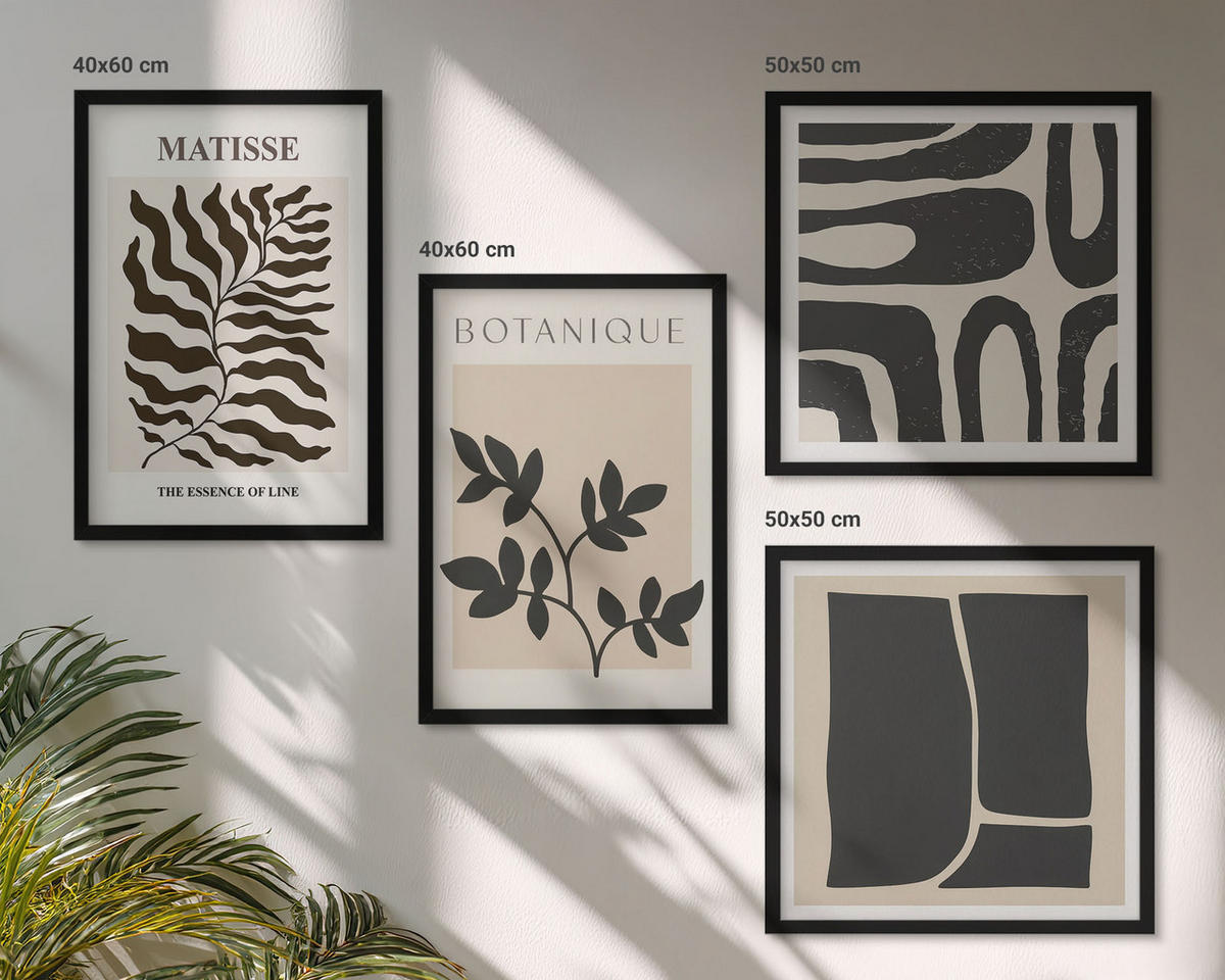 BILDER SET 4er Set - 50x50 cm & 40x60 cm Schwarzer Rahmen - Minimalistische Pflanzenposter - Schwarz, Kunststoff (50/50cm) - TULUP