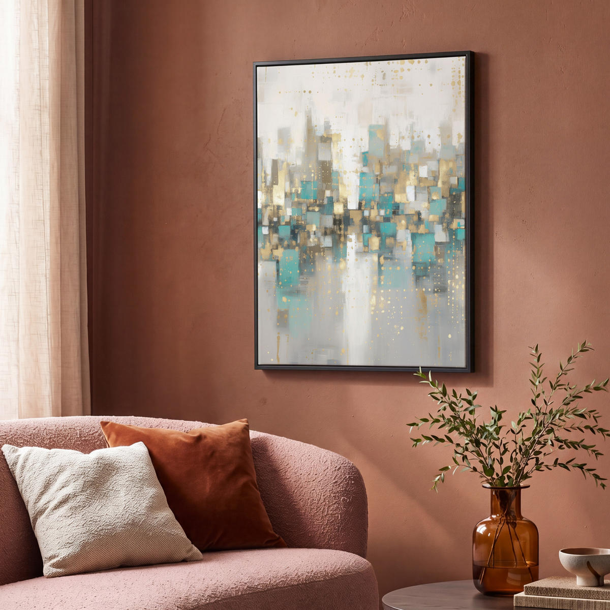 LEINWAND Bilder mit Rahmen - Abstrakt - Blöcke - Gold - Skyline - 70x100 - Beige, Textil (70/100cm) - MuchoWow