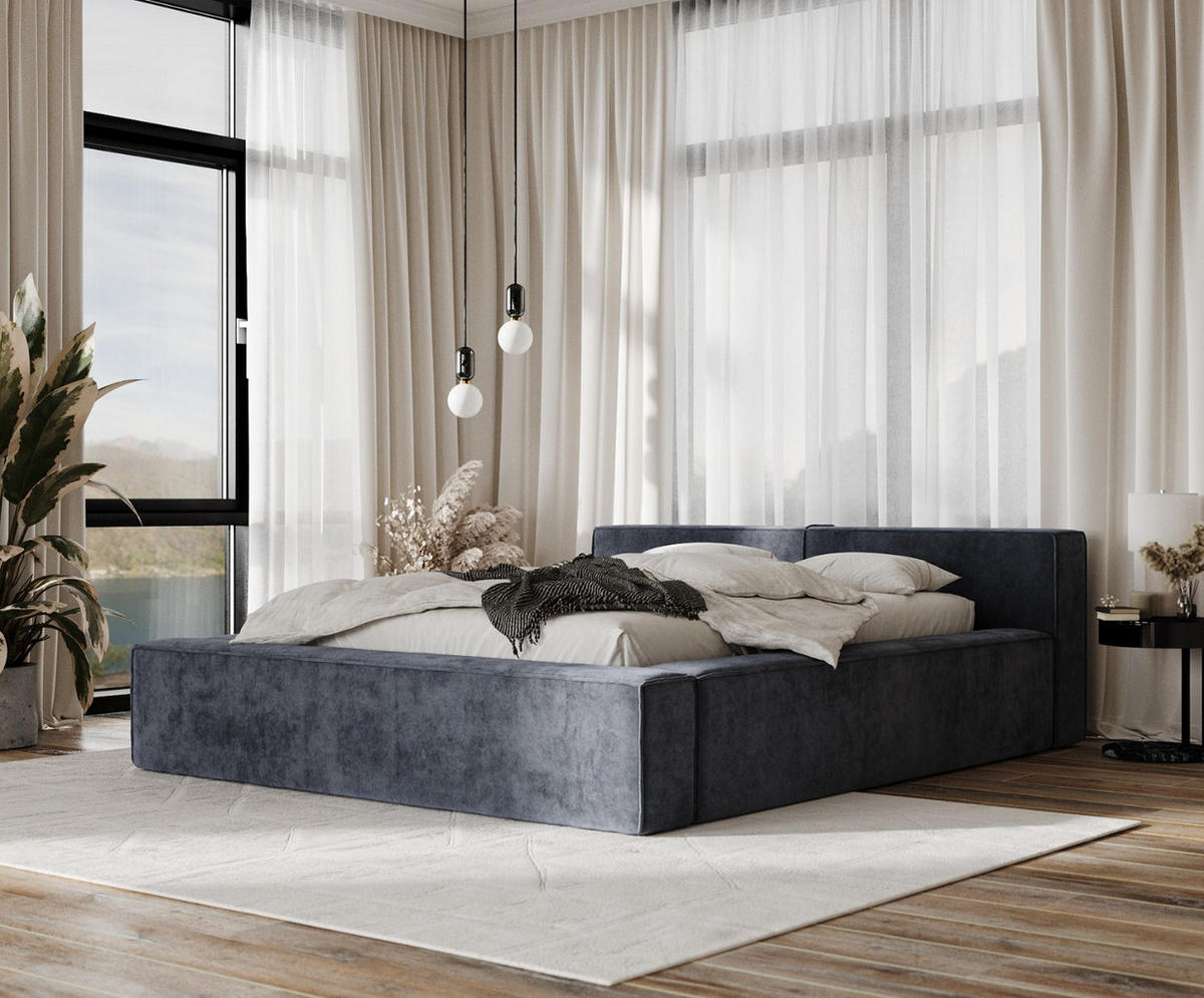 POLSTERBETT Casto mit Stauraum 160/200 cm Dunkelblau im Terra NW Stoff - Blau/Schwarz, Holz/Holzwerkstoff (160/200cm) - AltaBeds