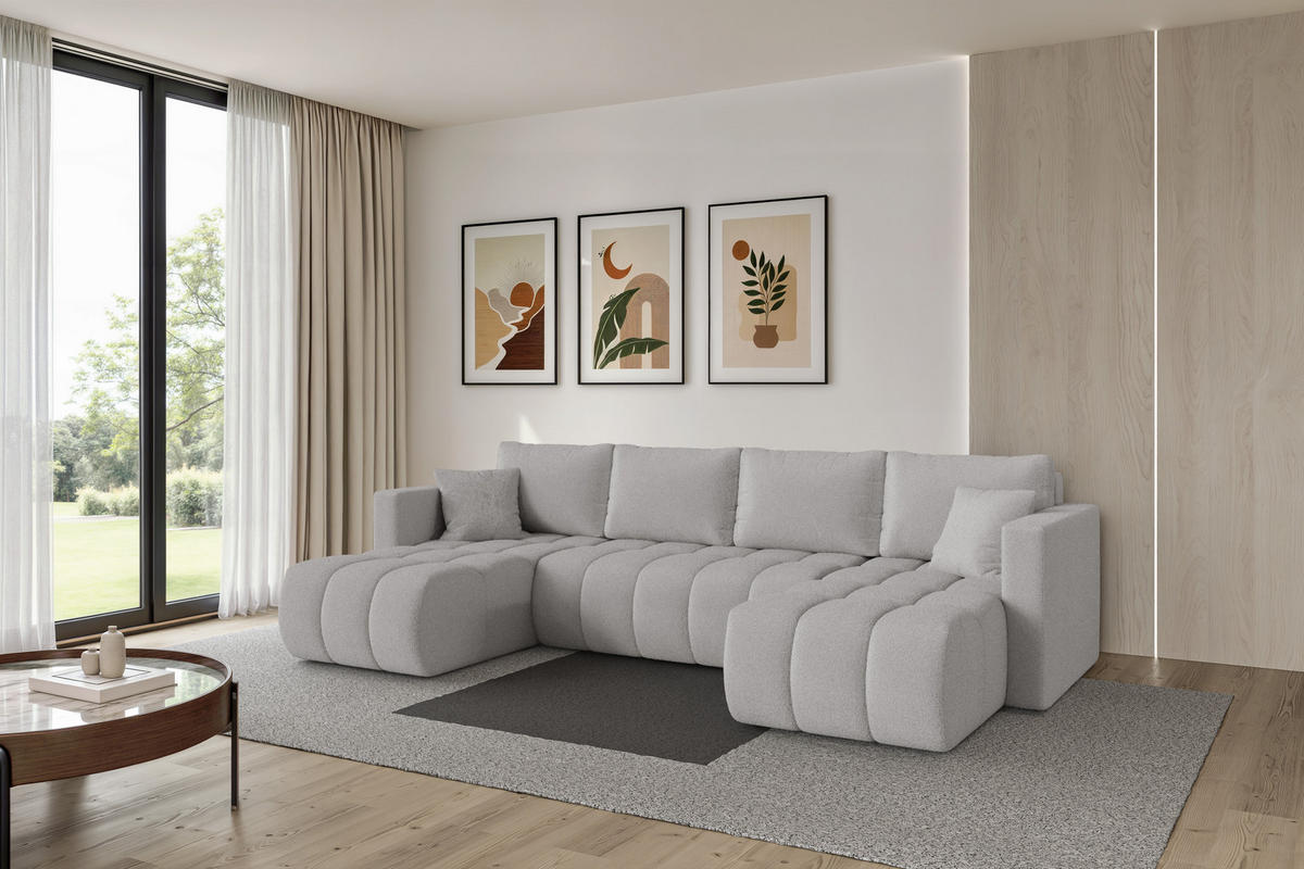 SEDACÍ SOUPRAVA DO U s funkcí spaní a úložným prostorem GARD-U 300x146x85 světle šedá bouclé - černá/stříbrná, kompozitní dřevo/textil (300/85/146cm) - ALTDECOR