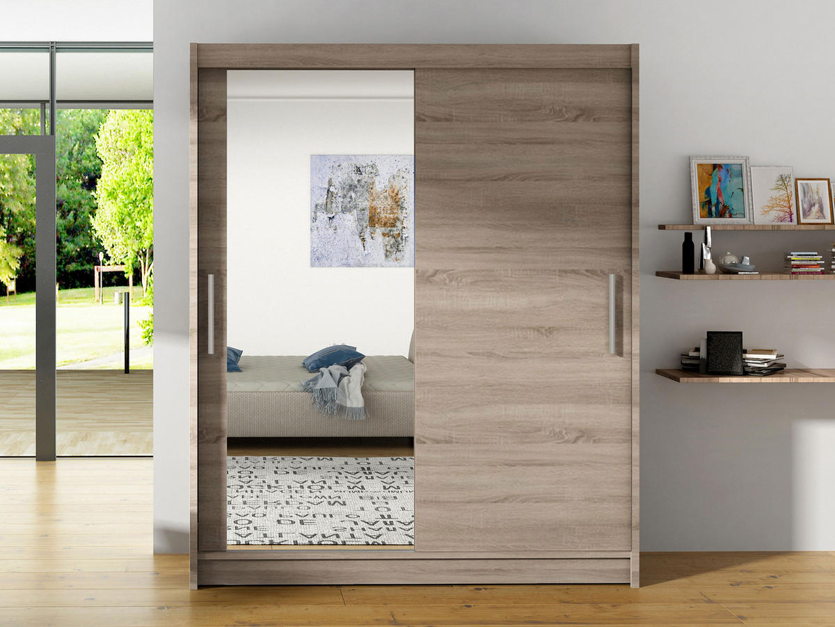 SCHWEBETÜRENSCHRANK Westa VI - Silberfarben/Trüffeleichefarben, Holzwerkstoff/Metall (150/200/58cm) - MIRJAN24