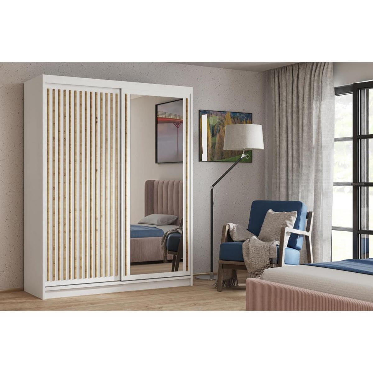 SCHWEBETÜRENSCHRANK Donatello 100/205/60 2-türig weiß mit Spiegel - Weiß/Eiche Artisan, Holzwerkstoff (100/205/60cm) - Beautysofa