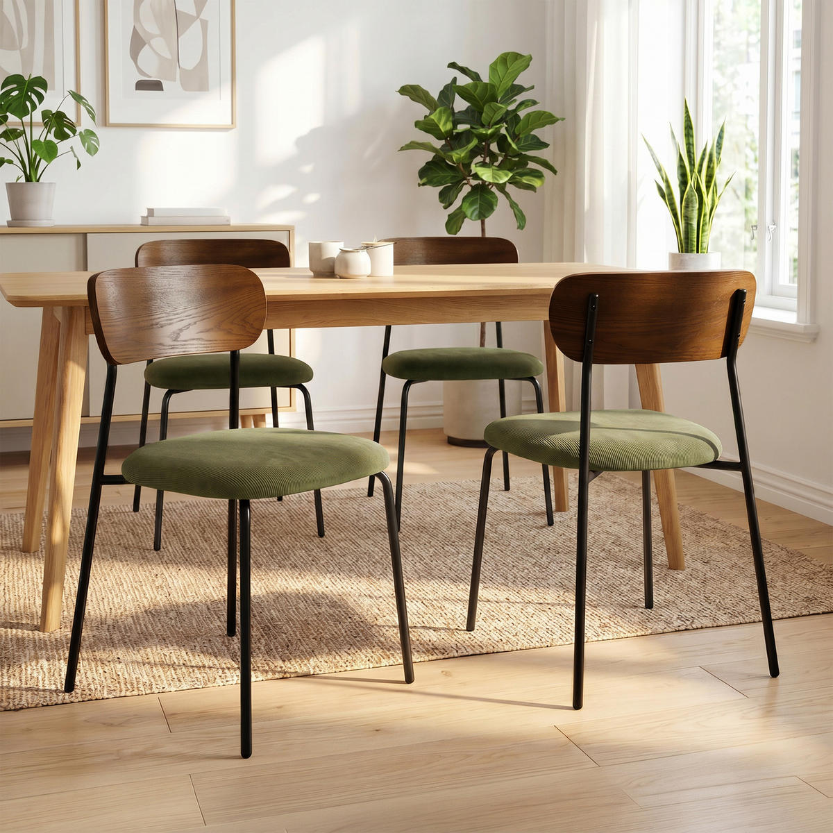 STÜHLE 4er-Set skandinavisch aus khakifarbenem Cord und Eschenfurnier mit schwarzen Metallbeinen – OLIVIA - Schwarz/Grün, Textil/Metall (46/81/50.5cm) - Sicaan