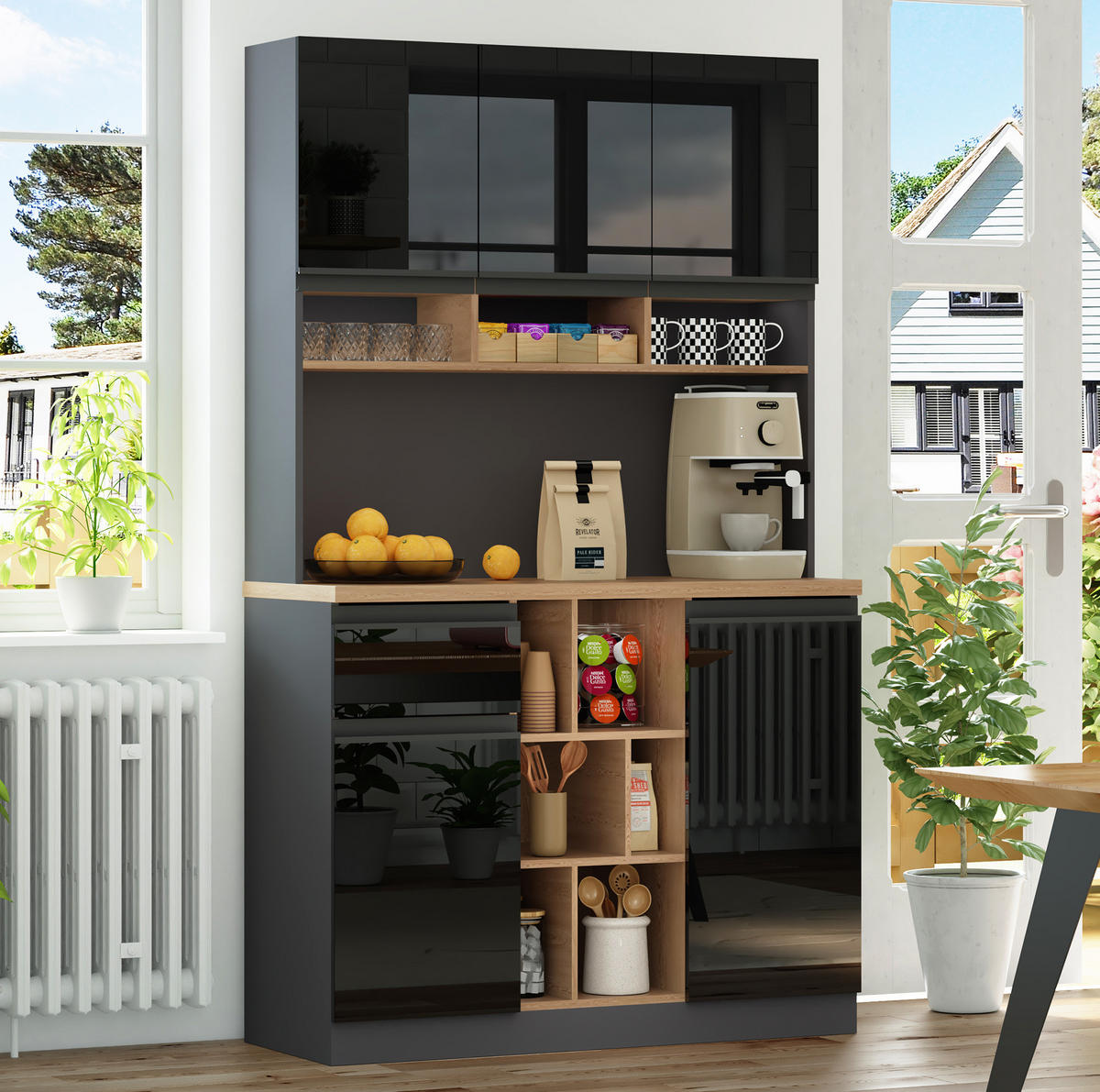 BUFFET 105/45/185 cm aus MDF mit Hochglanzfronten und offenem Stauraum Schwarz/Naturfarben - Schwarz, Holzwerkstoff (105/185/45cm) - Modenvie