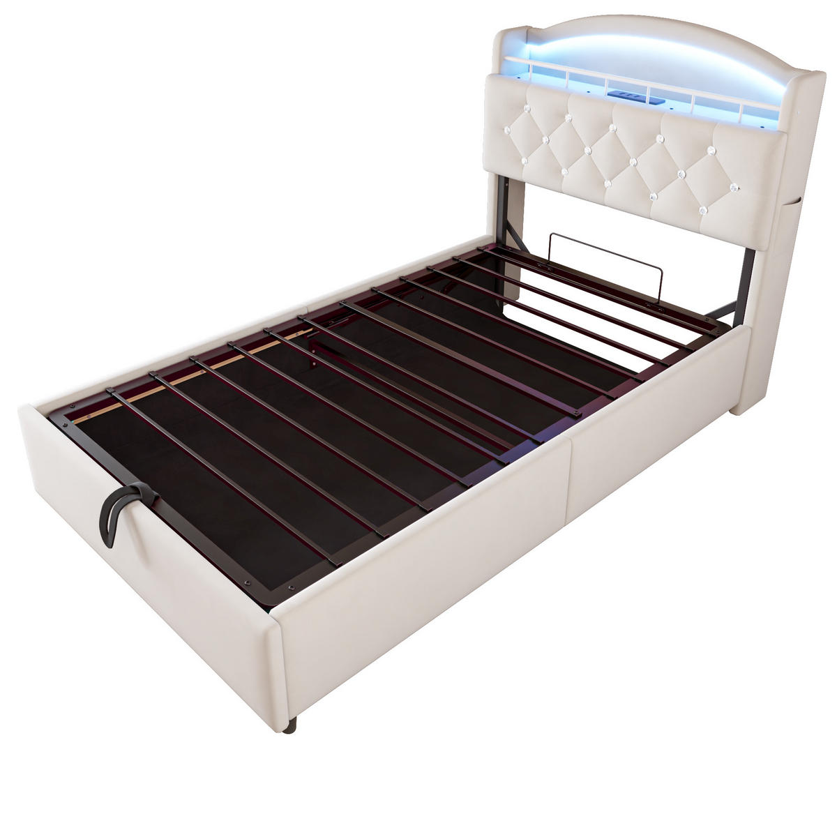 POLSTERBETT Kinder 90/200 cm Beige mit Stauraum, LED und USB-Anschlüssen - Beige, Textil (90/200cm) - OKWISH