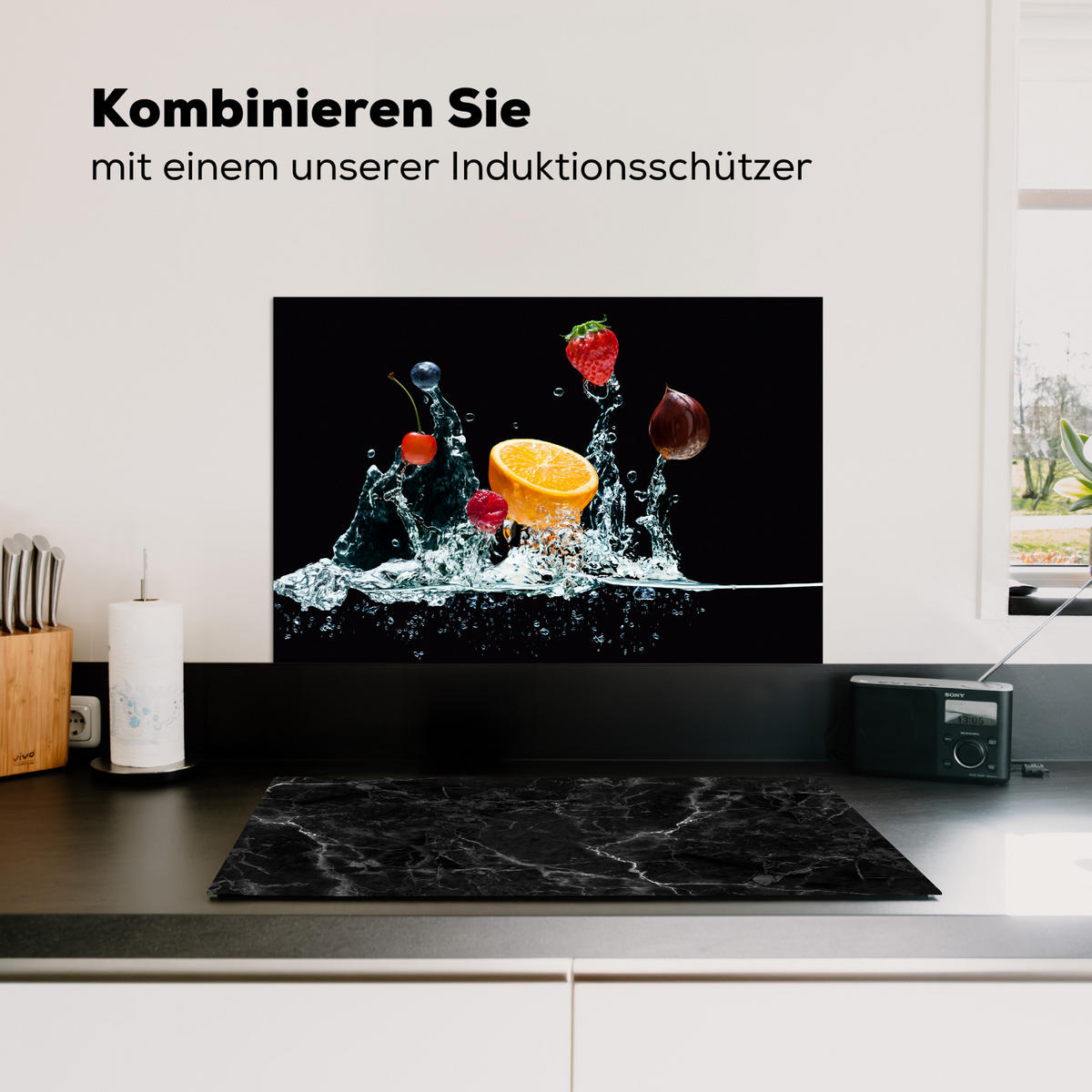 SPRITZSCHUTZ KÜCHE Wasser - Obst - Orange - Erdbeere - Kirsche - Schwarz 70x50 cm - Orange, Metall (70/0.3/50cm) - MuchoWow