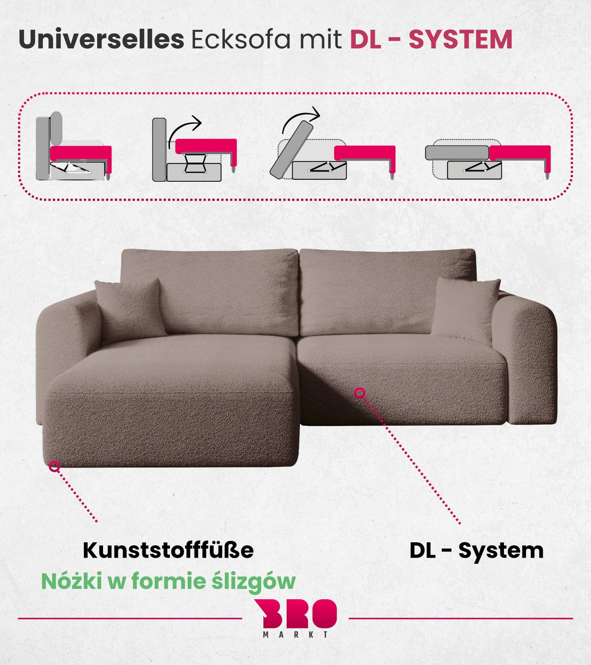 ECKSOFA Kornel mit Schlaffunktion Rosa Boucle - Rosa, Textil (248/165cm) - Bromarkt