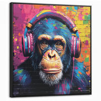 LEINWAND Bilder mit Rahmen - Graffiti - Schimpanse - Straßenkunst - Kopfhörer - Affe - 90x90 - Blau, Textil (90/90cm) - MuchoWow