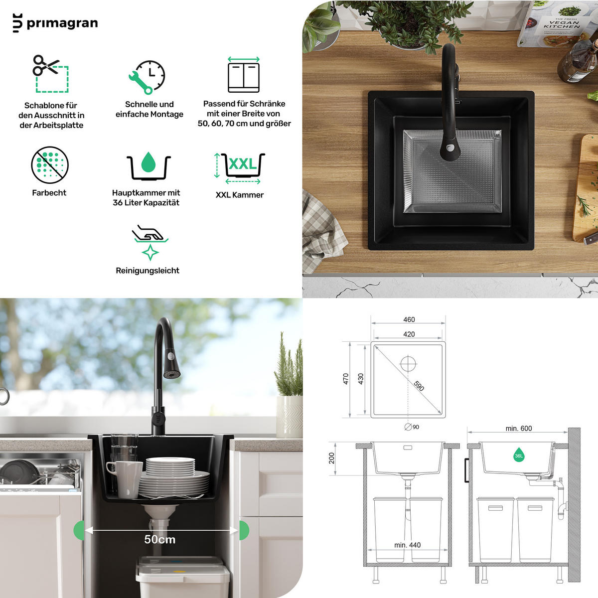 GRANITSPÜLE London Slim, 2-er set Weiß 46/47 cm 1 Becken + Küchenarmatur 38/14 cm + Ablauf-Set ab 50er Unterschrank - Chromfarben/Weiß, Kunststoff (46/20/47cm) - Primagran