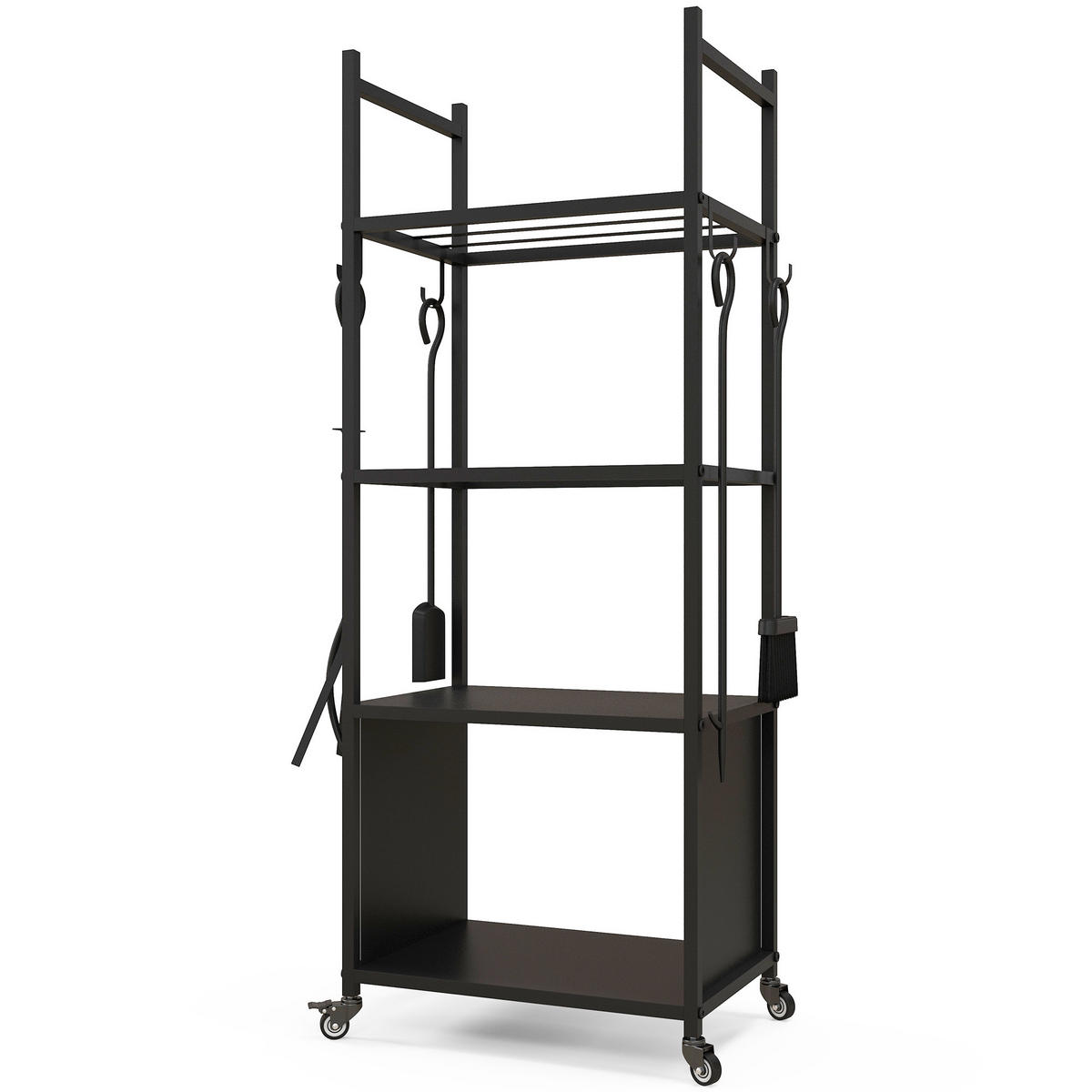 KAMINHOLZREGAL DE-18361 4-stufig mit Rollen & 4 Kaminwerkzeugen Schwarz - Schwarz, Metall (30/118/45cm) - ComfortXL