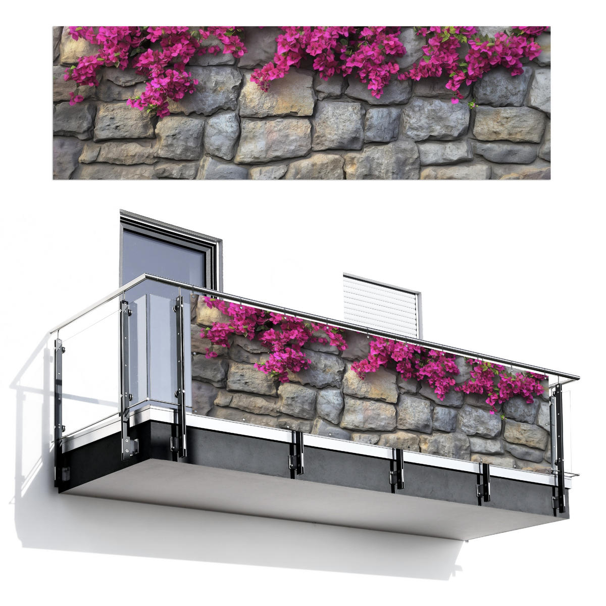 BALKON-SICHTSCHUTZ Bougainvillea - Steinmauer - Rosa - Magenta, Kunststoff (300/90cm) - MuchoWow