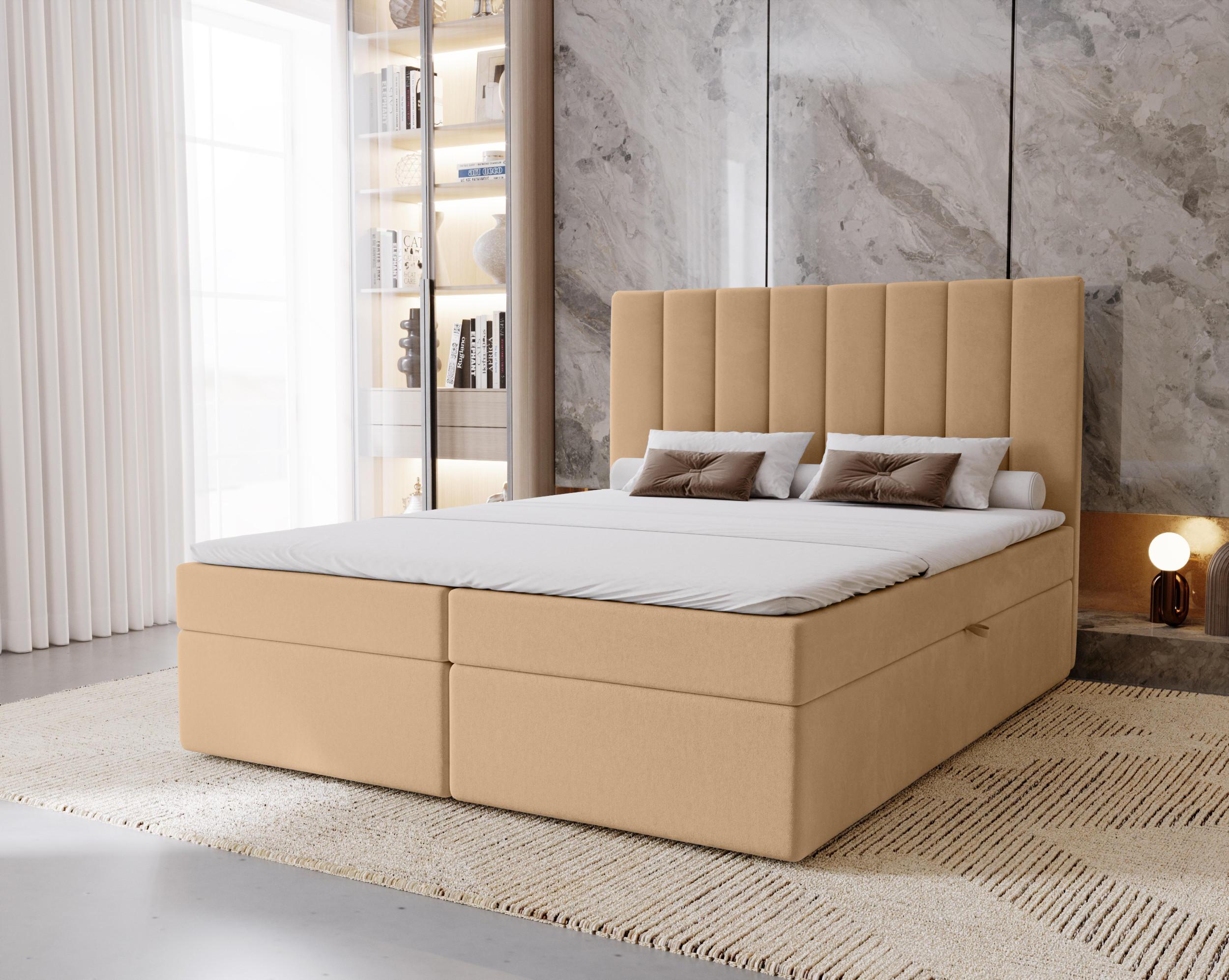BOXBETT Nero mit 2 Bettkästen, 200x200, Beige, Velourstoff, Doppelbett mit Bonell-Matratze - Beige, Holz/Kunststoff (200/200cm) - Marpur