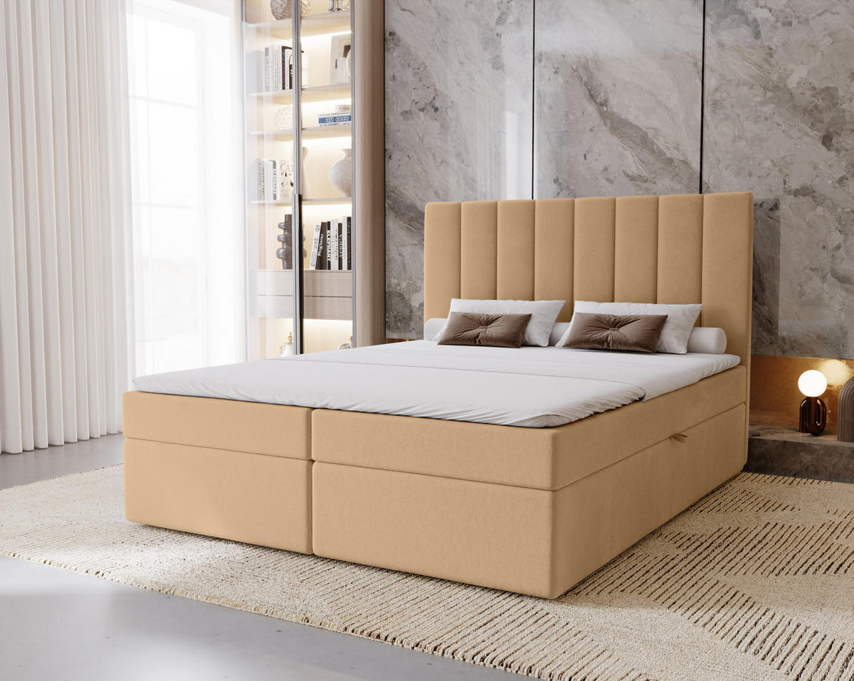 BOXBETT Nero mit 2 Bettkästen, 180x200, Beige, Velourstoff, Doppelbett mit Bonell-Matratze und Topper - Beige, Holz/Kunststoff (180/200cm) - Marpur