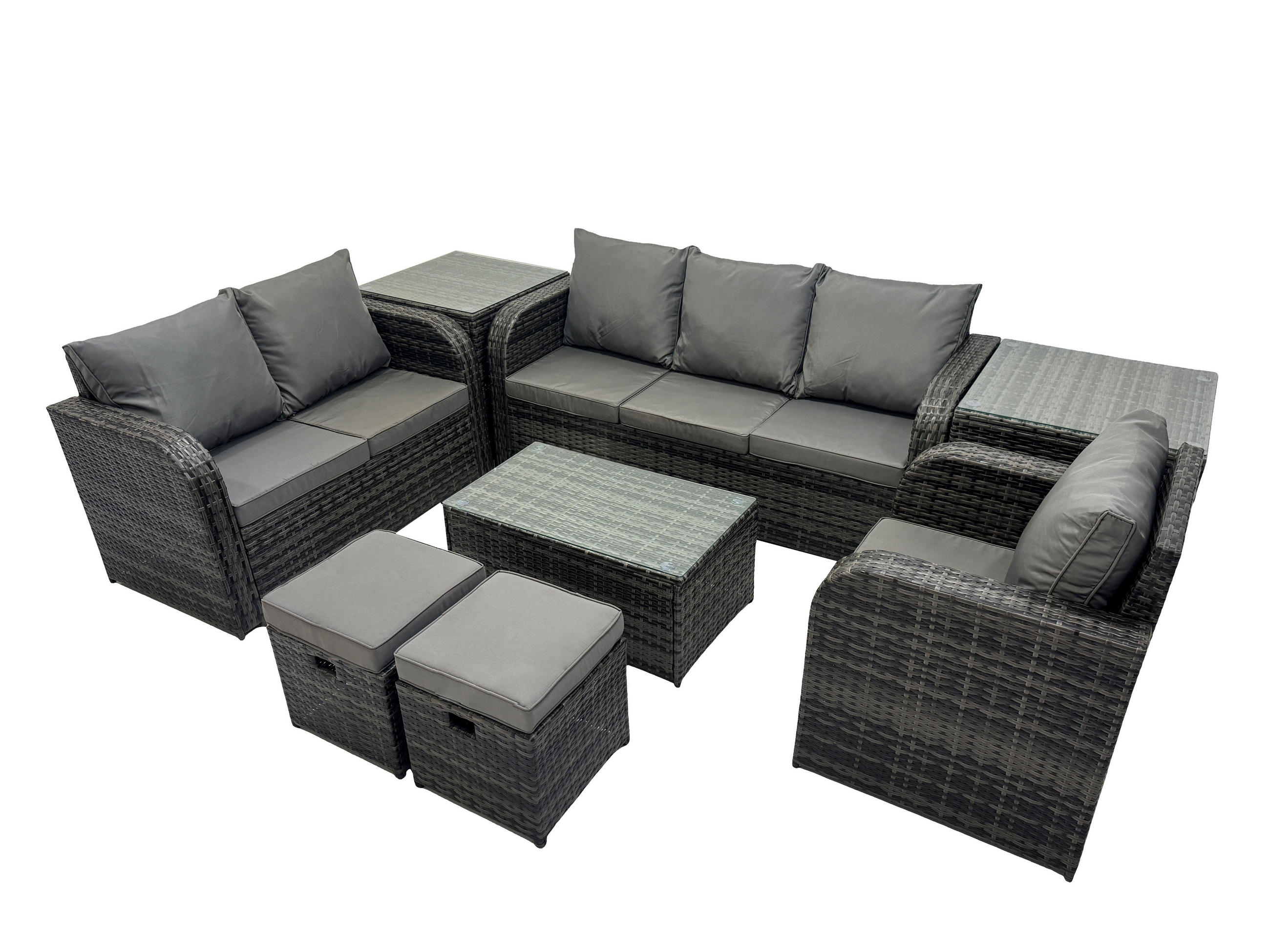 GARTENSET Polyrattan Dunkelgrau 6-Sitzer - Dunkelgrau/Grau, Glas/Kunststoff - Fimous