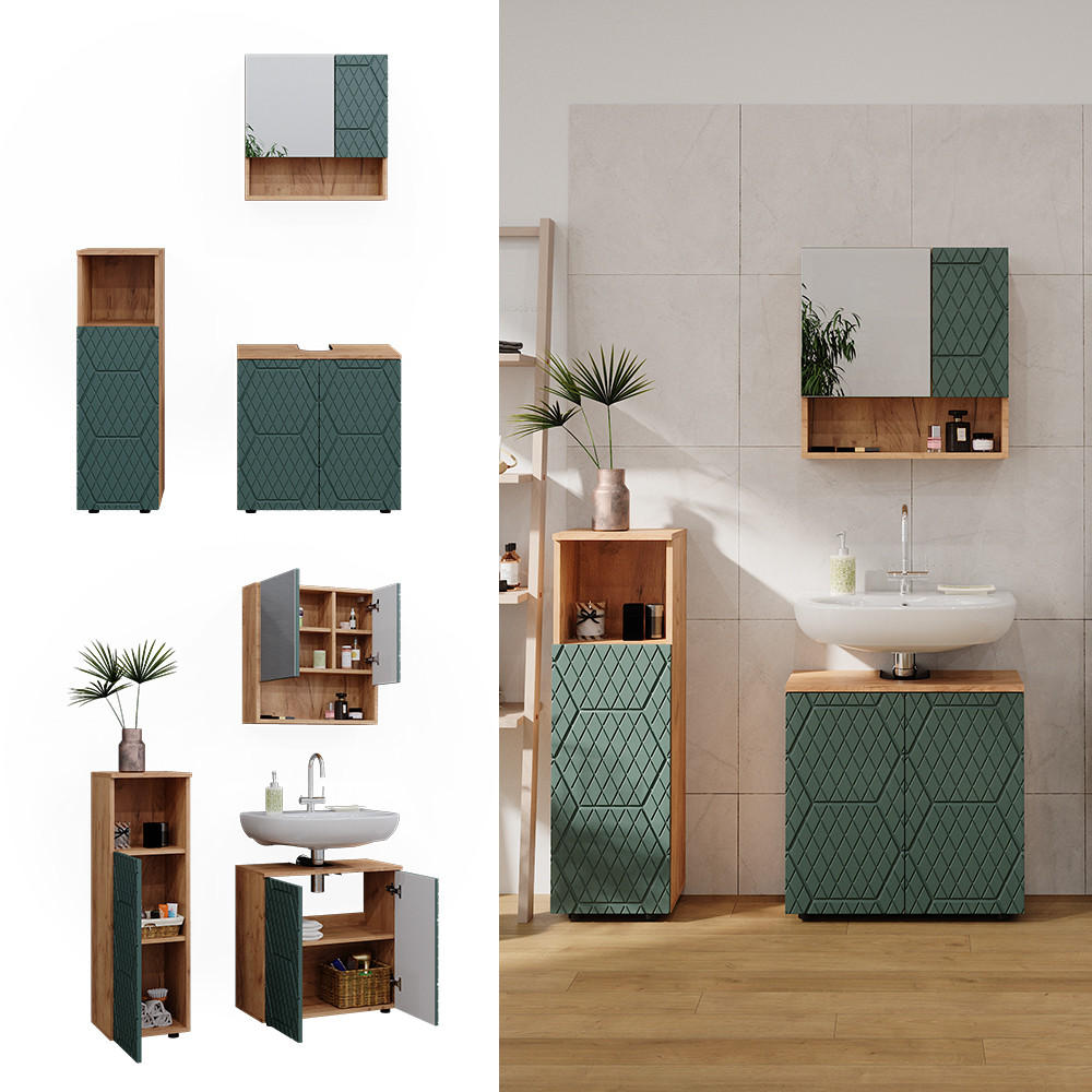 BADMÖBEL-SET Irma Grün 3 Teile - Eiche Wotan/Grün, Holzwerkstoff (80/58.6/41cm) - Vicco