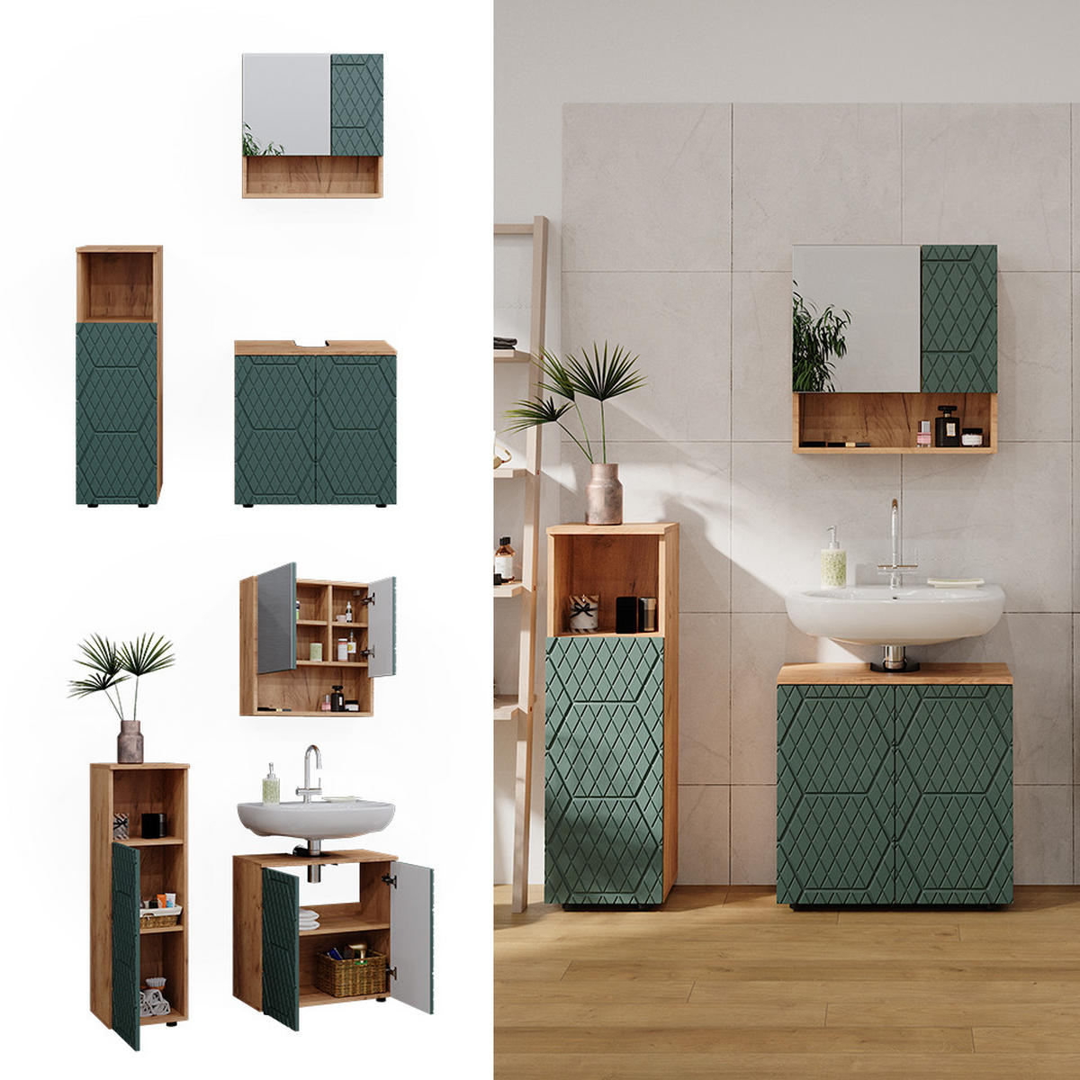 BADMÖBEL-SET Irma Grün 3 Teile - Eiche Wotan/Grün, Holzwerkstoff (80/58.6/41cm) - Vicco