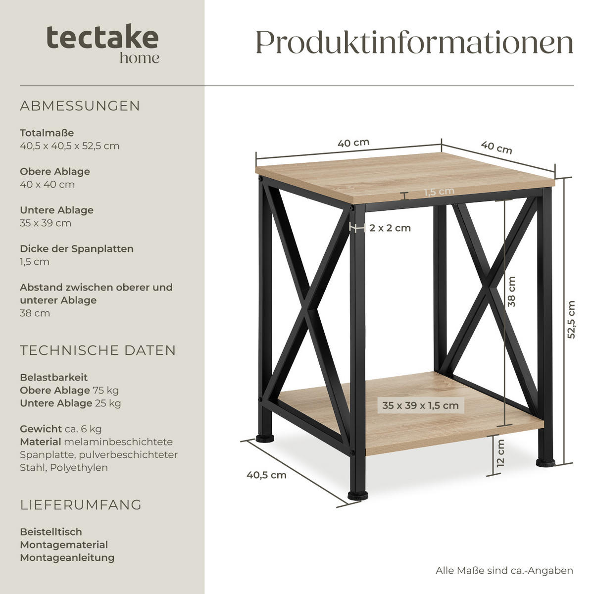 BEISTELLTISCH Carlton,40,5 x 40,5 x 52,5 cm,Industrial Holz hell, Eiche Sonoma - Naturfarben, Holzwerkstoff (40.5/40.5/52.2cm) - tectake