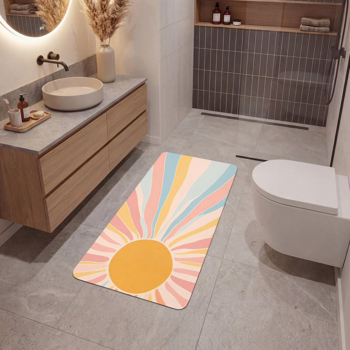 BADEMATTE Illustration - Sonne - Pastellfarben 60x120 cm - Pastellblau, Kunststoff/Textil (60/120cm)