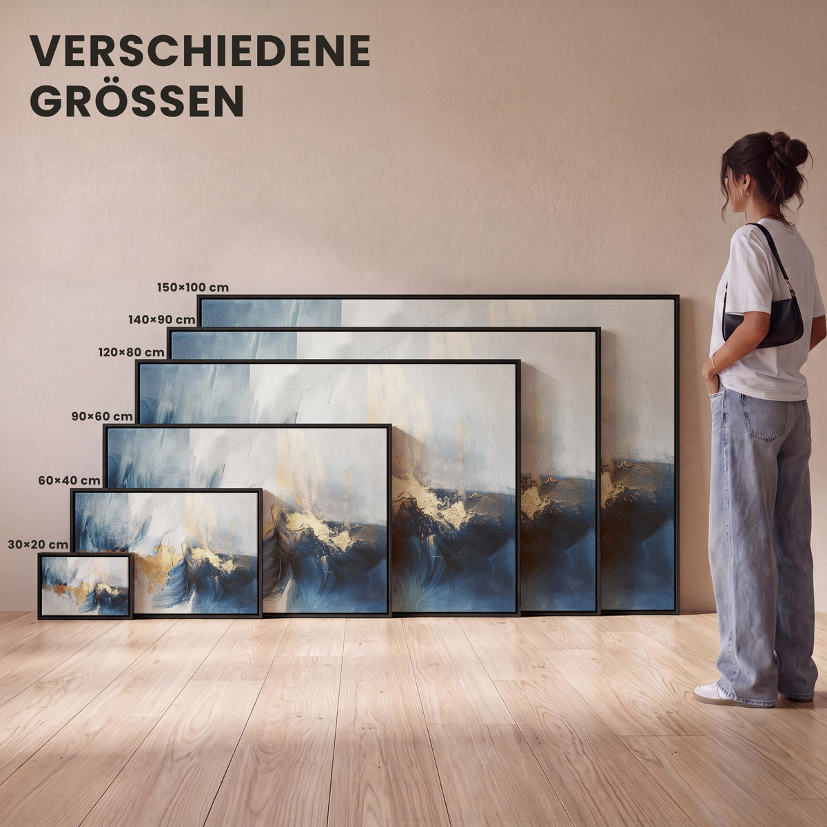 LEINWAND Bilder mit Rahmen - Gold - Blau - Aquarell - Kunst - Modern - 120x80 - Hellblau, Textil (120/80cm) - MuchoWow