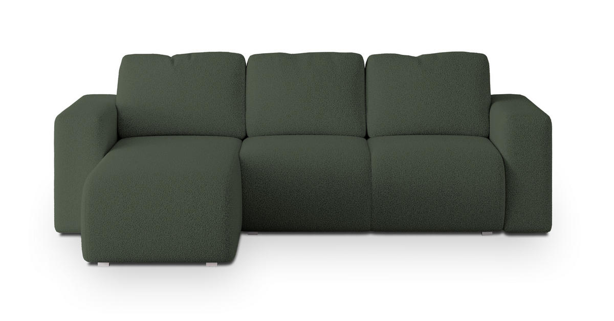 ECKSOFA RINOVA Grün Boucle-Stoff mit Schlaffunktion - Grün, Holz (250/143cm) - MASSENO