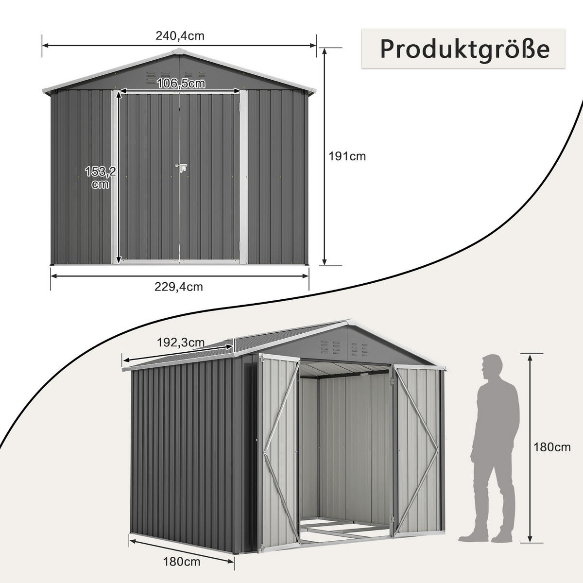 GERÄTEHAUS 240.4/192.3/191 cm Grau mit praktischer Klapptür und Fundament - Grau, Metall (192.3/191/240.4cm) - Oxeza