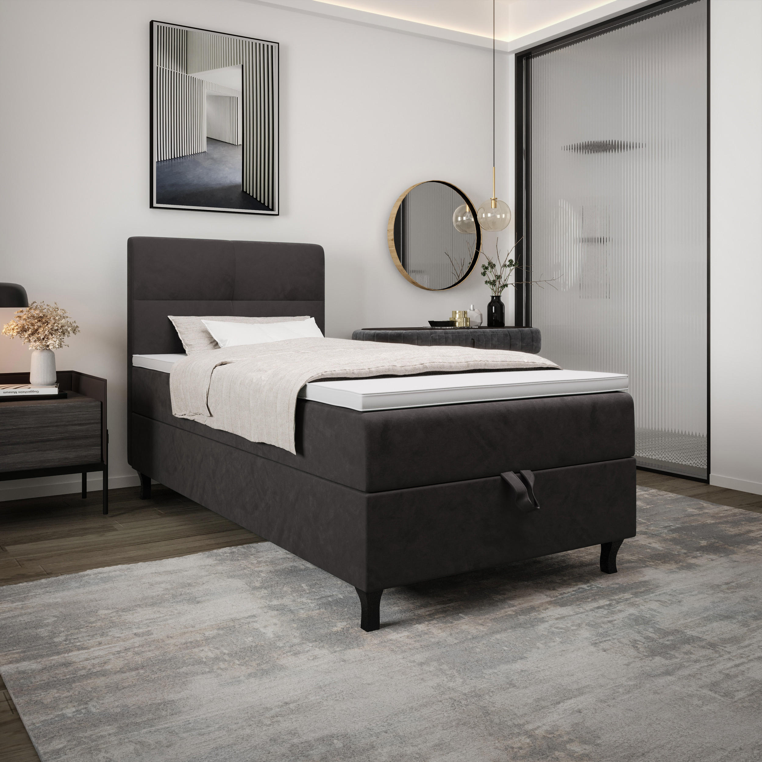 BOXBETT LIMBA mit Matratze H3, Bonell und Topper 100x200 Monolith 92 - Grau, Holz/Textil (100/200cm) - Bedante