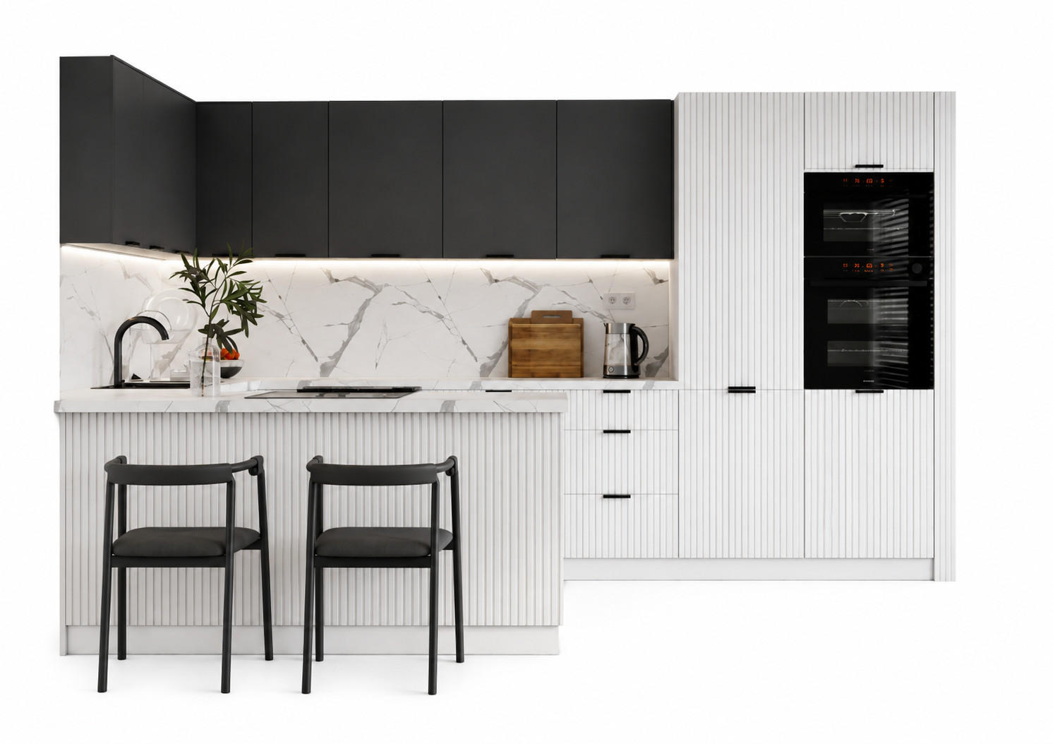 KÜCHENZEILE KS29-G390x260 – Kendro & Morvex - Effiziente Raumnutzung mit Stil - Schwarz/Weiß, Holz/Metall (390/213.3/260cm) - ROYAL24_MARKT