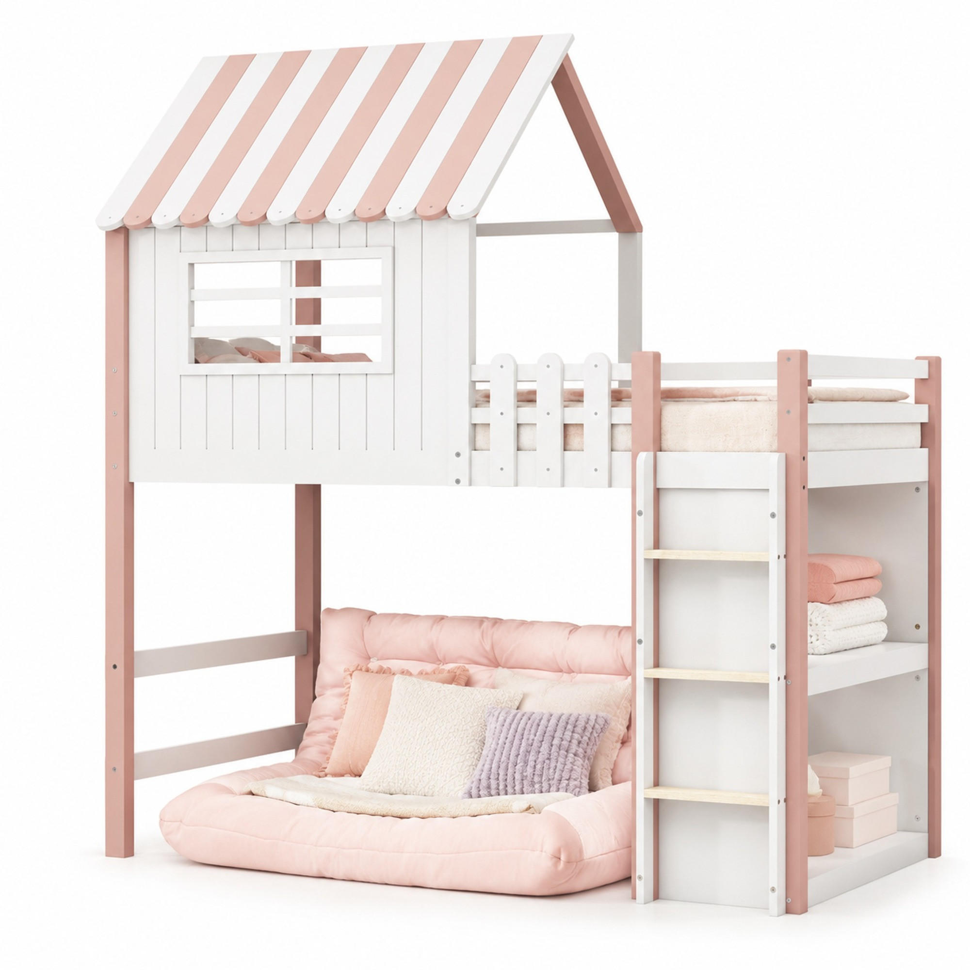 HOCHBETT 90/200 mit Dachdesign, Sicherheitsleiter und Lattenrost in Rosa - Weiß/Rosa, Holz/Holzwerkstoff (90/200cm) - EVRYAE