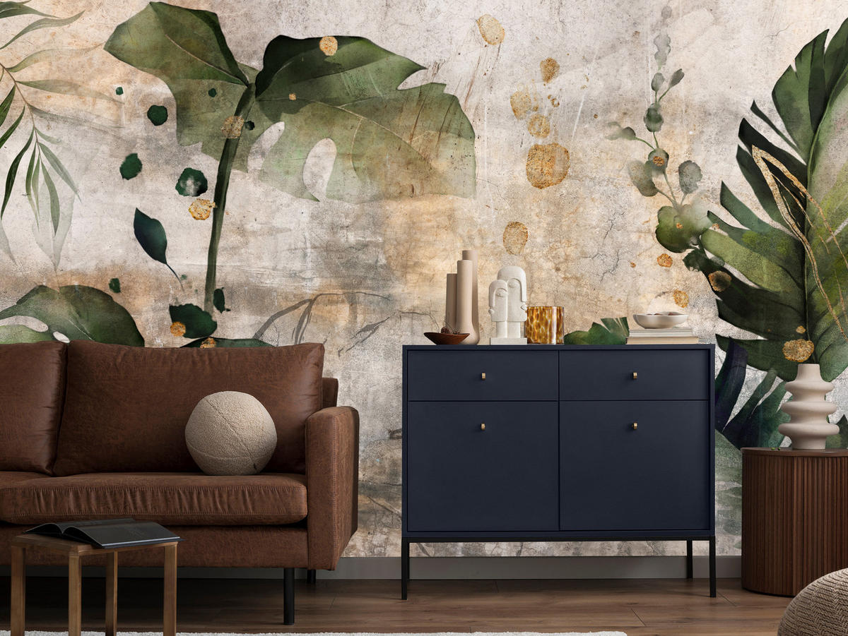 FOTOTAPETE für Schlafzimmer Tropisch Monstera Aquarell Retro 300x210 - Beige/Orange, Papier (300/210cm) - Muralo