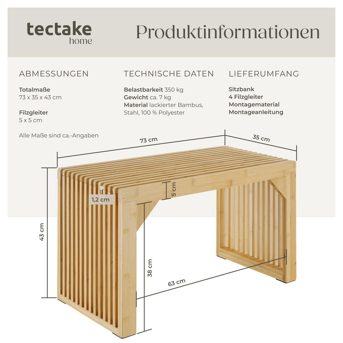 SITZBANK Ribb, Belastbarkeit 350 kg, Bambus - Beige, Holz (73/43/35cm) - tectake