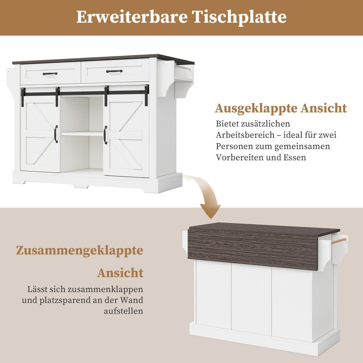 KÜCHENINSEL 120/45(70)/91 cm Weiß mit 2 Schiebetüren, 2 Schubladen, Klappbarer Arbeitsplatte und Rollen - Weiß, Holz/Holzwerkstoff (120/91/70cm) - Oxeza