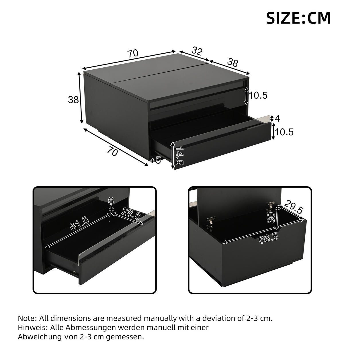 COUCHTISCH aus Spanplatte 70x70x38 cm Schwarz mit LED-Beleuchtung, Hubplatte und Stauraum - Schwarz, Holzwerkstoff (70/70/38cm) - IVMEU