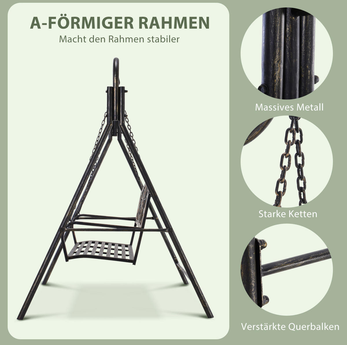 HOLLYWOODSCHAUKEL 167/123/175 cm für 2 Personen mit Metallrahmen und hoher Rückenlehne, Schwarz - Schwarz, Metall (123/175/167cm) - Redom