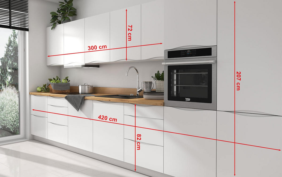 KÜCHENLEERBLOCK Napoli weiß matt / RAL 9016 verkehrsweiß (K5); Arbeitsplatte Eiche Artisan 420 / 59 / 207cm 12-teilig - Weiß/Braun, Holzwerkstoff (420/207/60cm) - Feldmann-Wohnen