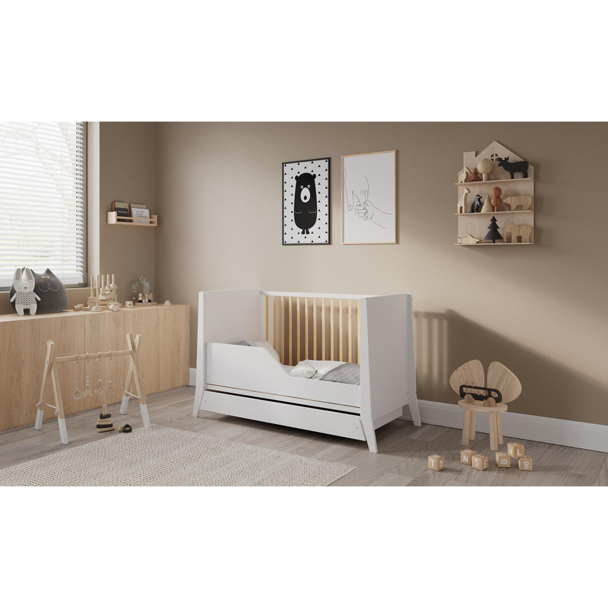BABYBETT Zoe, Mitwachsendes, mit Schublade Weiß und Kiefer - Kieferfarben, Holz (60/120cm) - Premiers Moments